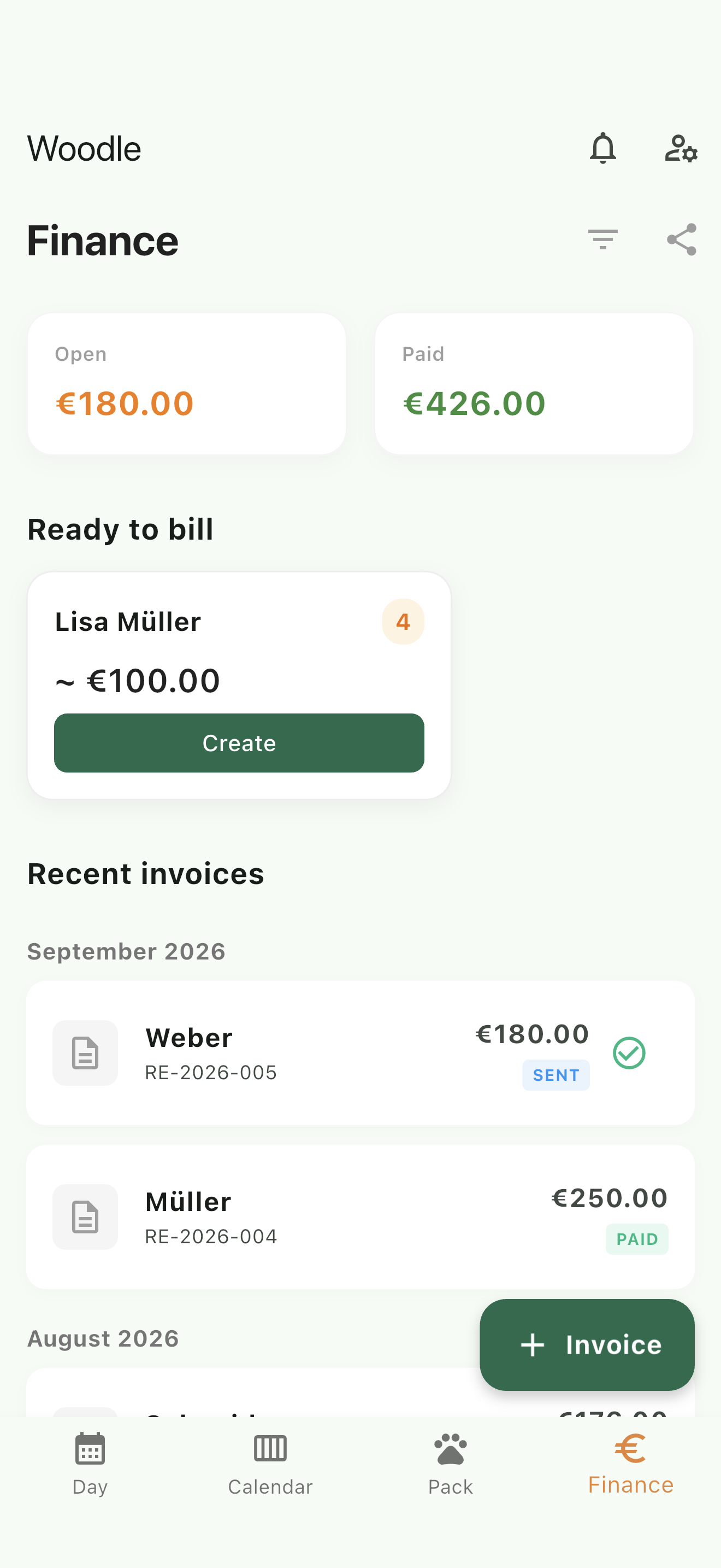 The Woodle app showing a month of tracked walks ready to invoice